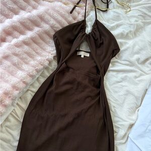 Meshki Maddie Ribbed Drawstring Midi Dress - Chocolate Brown